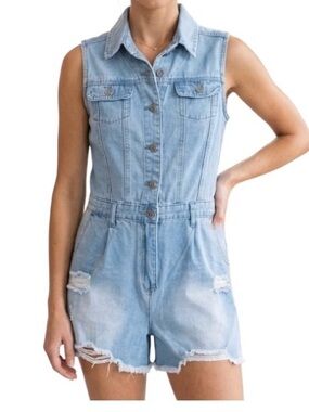 NWT Showpo Denim Romper Sleeveless Ripped Distressed Grunge Shorts 8 Jeans Biker